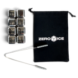 Eight Zero Ice stainless steel cubes beside mini tongs and a black Zero Ice drawstring pouch