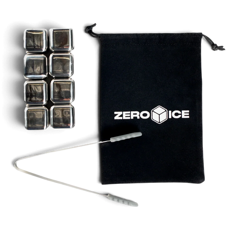 Eight Zero Ice stainless steel cubes beside mini tongs and a black Zero Ice drawstring pouch